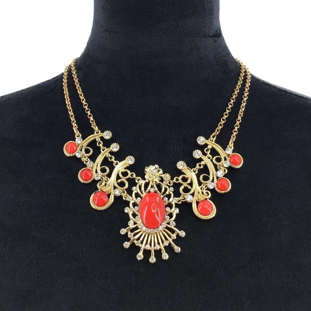 You and I Statement Necklace Set Dangle Earrings Gold Tone Coral Crystal Accent